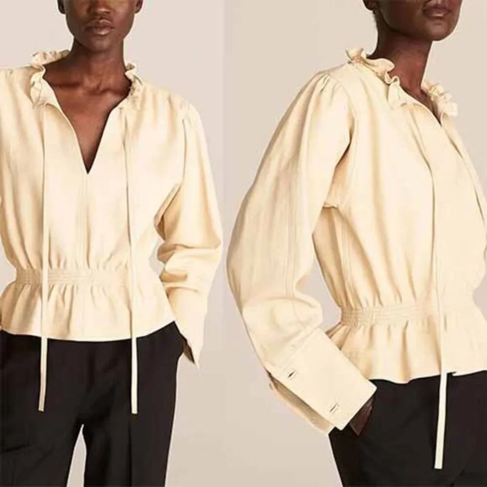 NEW Rebecca Taylor Long Sleeve Straw Smocked Waist Leather Blouse Top Cream - Picture 7 of 7